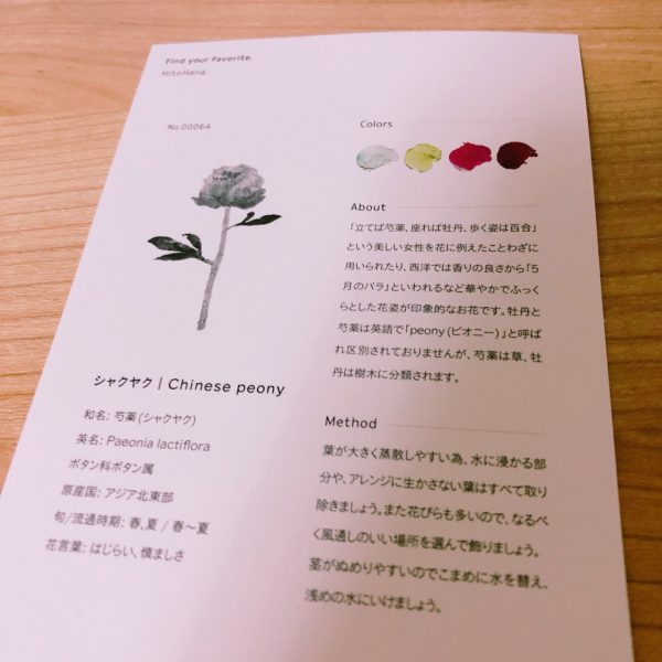 ひとはなお花の定期便に入っているお花のカード