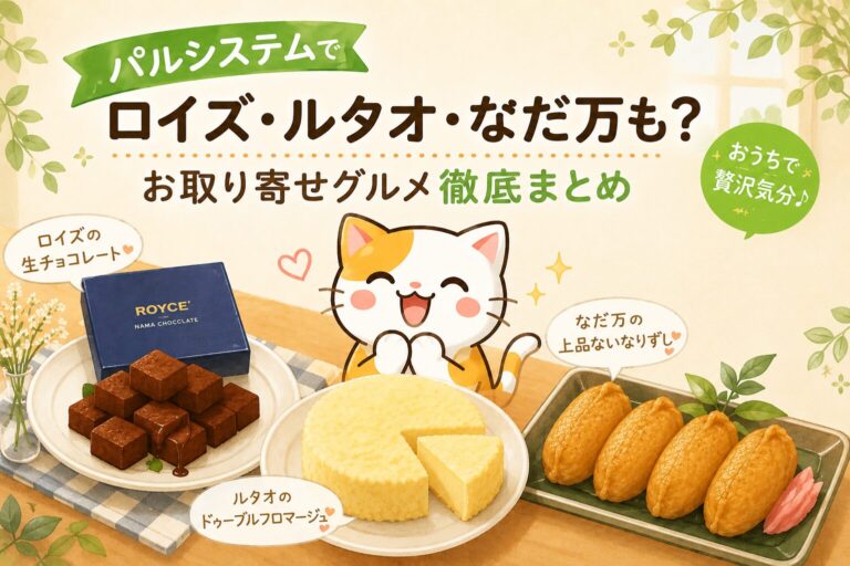 パルシステムでロイズ・ルタオ・なだ万も？お取り寄せグルメ徹底まとめイラスト